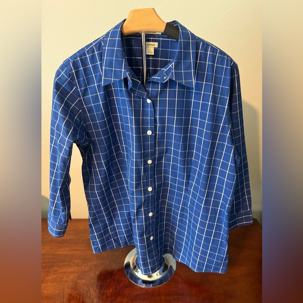 NWOT LL Bean 3/4 Sleeve Wrinkle Free Pinpoint Oxford Button Down L